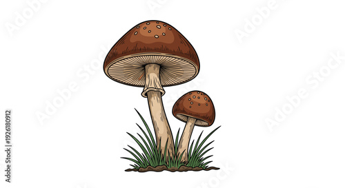 Vintage-style illustration of two brown-capped mushrooms growing together in a patch of green grass, isolated on a white background.