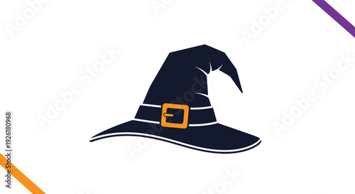 Simple and bold silhouette icon of a classic black witch hat with a pointed top and an orange buckle, perfect for Halloween designs.