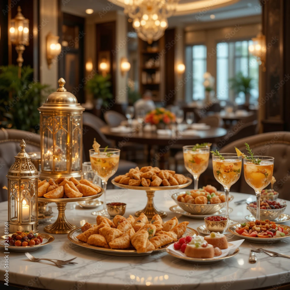 Fototapeta premium Ultra Luxury 5-Star Hotel Iftar Table with Premium Snacks
