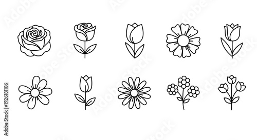 Floral line icon set. Includes rose, tulip, daisy, sunflower, and flower icons. Created in minimalist line style with black and white color palette.