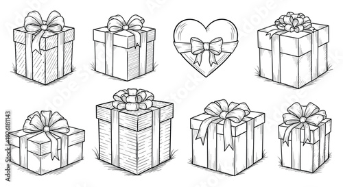 Collection of eight hand-drawn gift boxes in a black and white vintage engraving style, including a heart-shaped box with a bow.