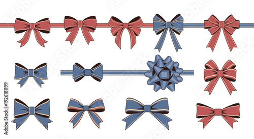 Elegant collection of fourteen decorative bows and ribbons in classic red and blue, perfect for gift wrapping and design embellishments.