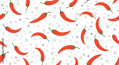 Spicy seamless pattern of vibrant red chili peppers scattered on a white background with gray dots, perfect for a modern kitchen design.