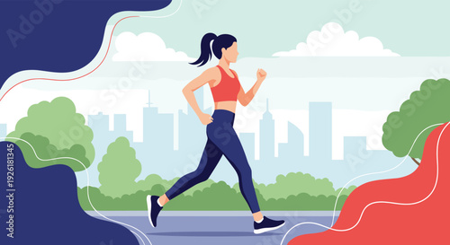 Athletic young woman jogging in a city park with a modern skyline in the background, promoting a healthy and active lifestyle.