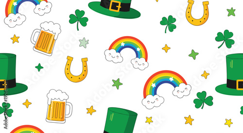 Fun and festive seamless St. Patrick's Day pattern featuring leprechaun hats, rainbows, beer mugs, shamrocks, and golden horseshoes.