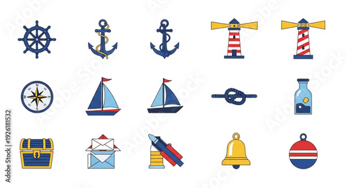 Collection of nautical themed icons representing maritime elements and symbols.