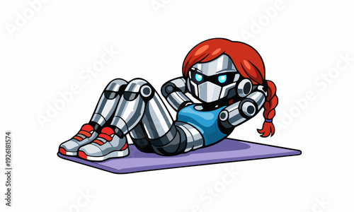 robot workout on mat cartoon illustration