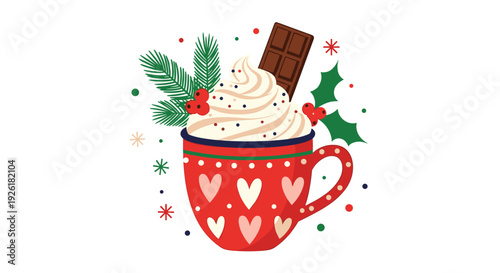 Cozy red Christmas mug of hot chocolate topped with whipped cream, a chocolate bar, and festive holly and pine decorations.