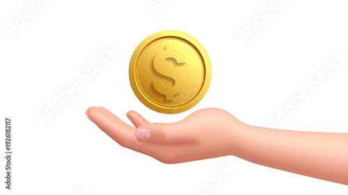 A 3D illustration of a hand holding a gold coin with a dollar sign on a transparent background