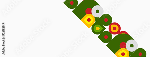 Abstract graphic design features overlapping circles, squares, rectangles. Green dominates, accented by yellow, orange, red hues. Minimalist composition.