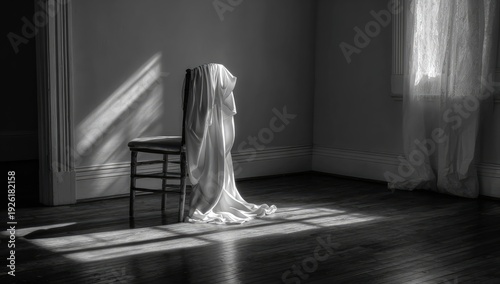 Wallpaper Mural Dramatic Black and White Image of a Chair Draped in Fabric with Sunlight Streaming Through a Window. Torontodigital.ca
