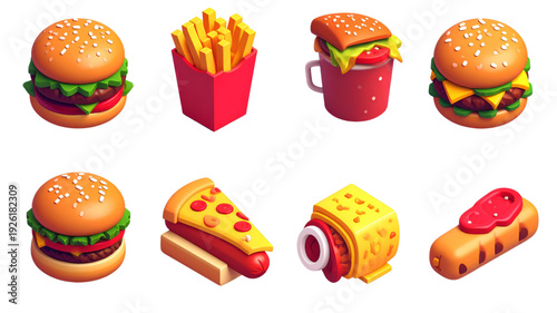Aset of colorful fast food icons on transparent background