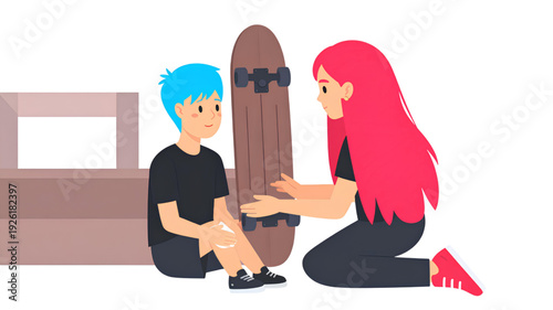 A vector graphic illustration of a woman helping a boy with a skateboard on a transparent background