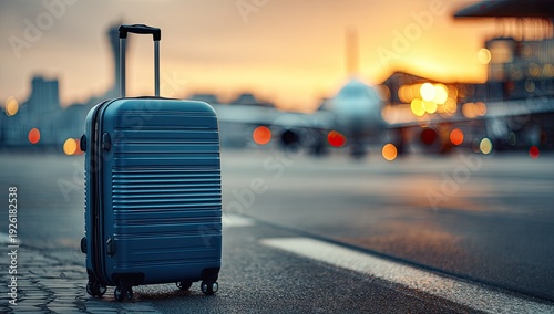 Wallpaper Mural Blue suitcase on airport tarmac at sunset with airplane in background. Torontodigital.ca