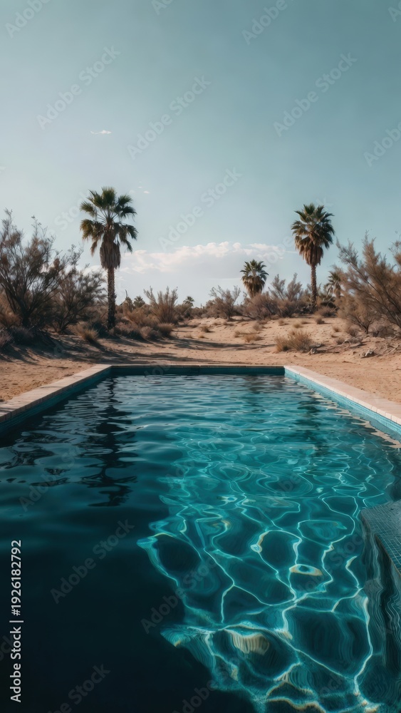Fototapeta premium Serene desert swimming pool oasis with palm trees. Turquoise water reflects clear blue sky in arid landscape. Tropical relaxation and vacation escape imagery