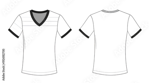 A minimalist vector illustration of a white t-shirt with black trim on transparent background