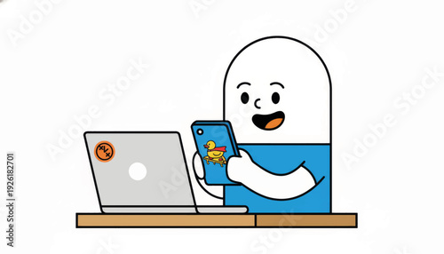 Procrastination at work vector illustration. Minimalist cartoon character at a desk using a smartphone. Digital distraction concept