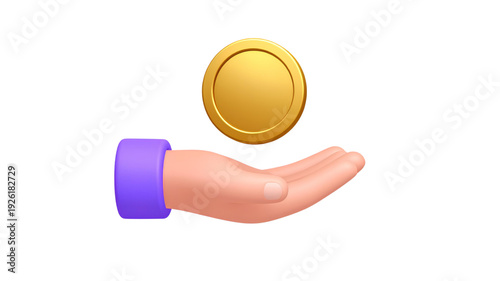 A 3D illustration of a hand with a purple cuff holding a gold coin on transparent background