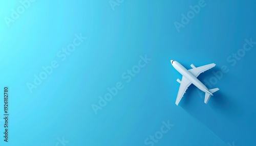 Top view of a white commercial airplane flying on a blue background with creative copy space for travel and aviation concept