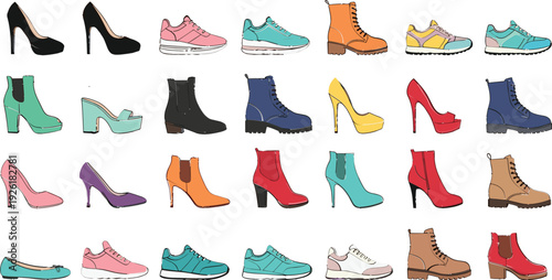 Colorful Shoe Collection Featuring High Heels, Sneakers, Boots, and Flats in Various Style
