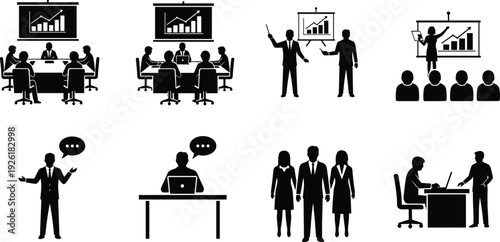 Business meeting and presentation silhouettes set, team conference training seminar and office communication isolated on white background corporate concept