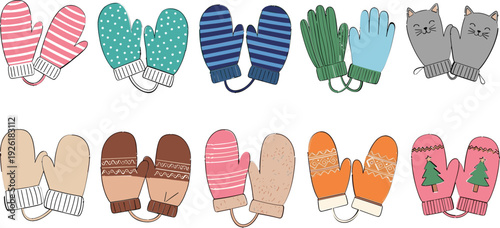 Winter Mittens Set with Various Designs Including Stripes, Patterns, and Animal Themes