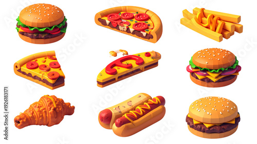 A colorful vector graphic illustration of various fast food items on transparent background