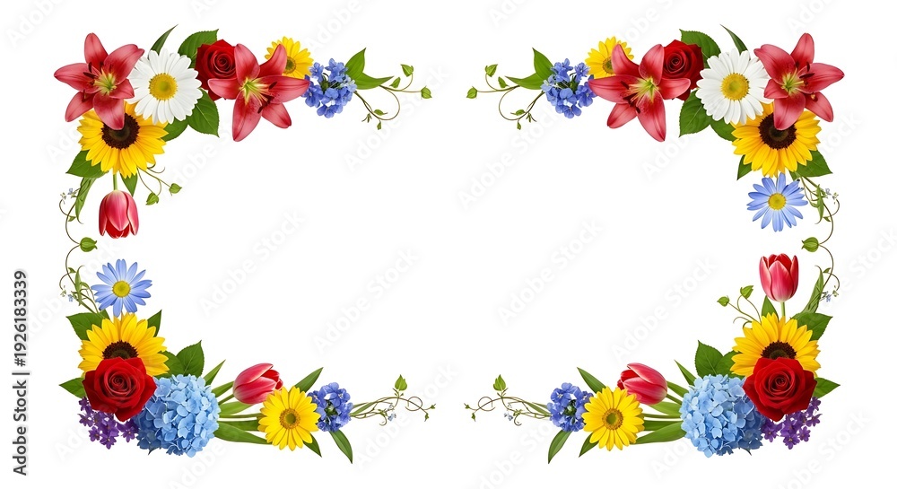 Fototapeta premium Corner Floral Arrangements with Assorted Flowers on White Background