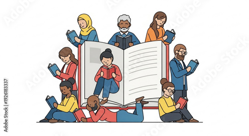 Diverse group of people reading and learning together around a large book