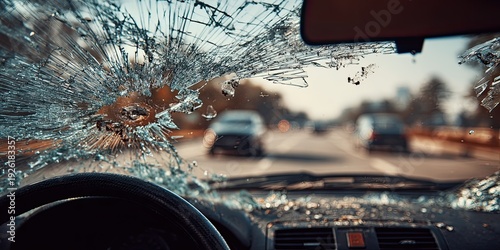 Wallpaper Mural View from inside a car with a shattered windshield on a highway. Torontodigital.ca