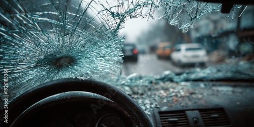 Wallpaper Mural View from inside a car with a shattered windshield on a rainy day. Torontodigital.ca