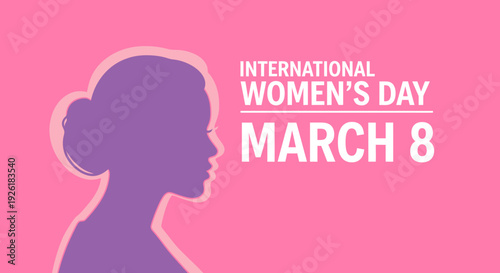 International womens day banner with purple silhouette of woman profile on pink background