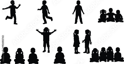 Children silhouettes collection, boys and girls playing standing sitting and talking isolated on white background childhood friendship education concept