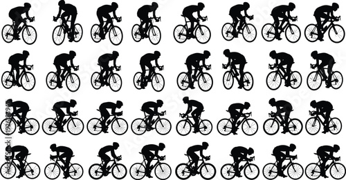 Cyclist racing silhouette collection, road bike rider in different pedaling positions isolated on white background professional cycling sport concept