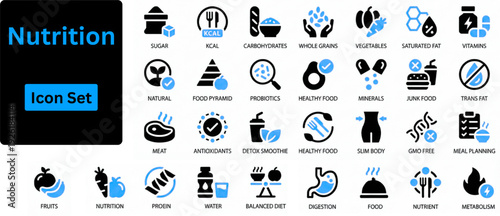 Nutrition solid icon set contains diet, vitamins, planning, spa, spirit, wellness, pyramid, balance. Solid icons set. 