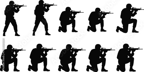 Military soldier silhouette set, armed infantry aiming rifle in standing and kneeling positions isolated on white background tactical combat concept