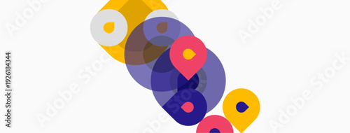 Abstract circles overlap, creating vibrant color blends. Yellow, purple, pink hues dominate white background. Modern design element.