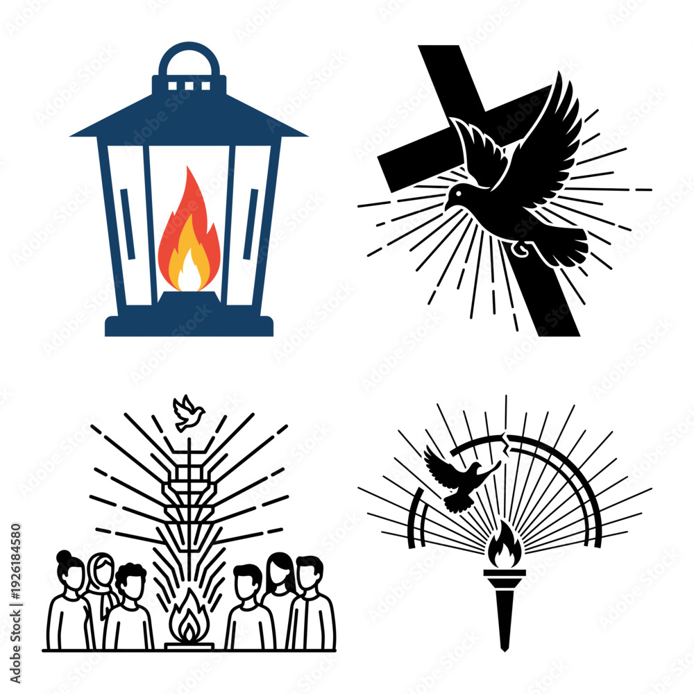 Fototapeta premium Holy spirit dove and wind symbols with flame and location marker icons