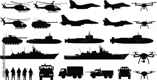 Military vehicles and aircraft silhouette collection, army navy air force equipment including tank helicopter submarine warship drone isolated on white background
