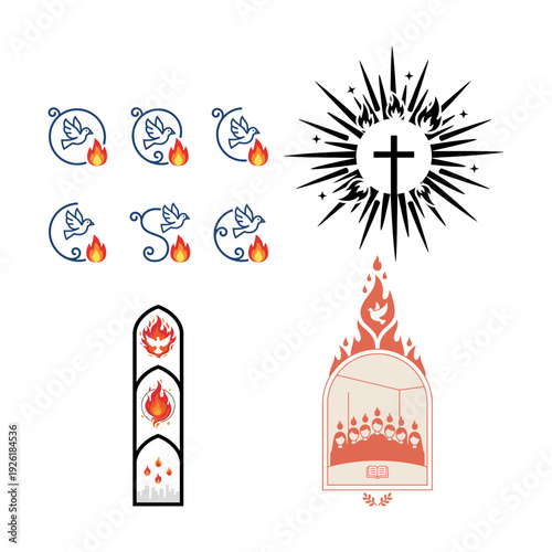 Holy spirit dove icons with church rays cross crescent flame and laurel crest