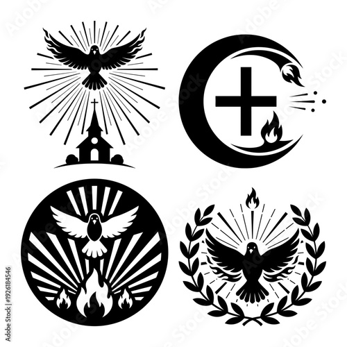 Bible and prayer icons with dove flame stained glass and open doorway motif