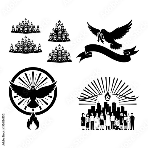 Holy spirit emblem icons with dove shield globe laurel wreath and fire