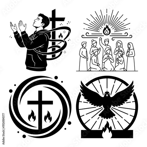 Holy spirit icons featuring lantern flame dove cross rays and torch design