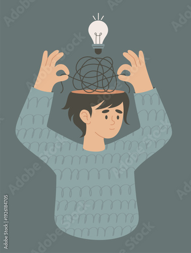 Mental Health. Human Person Untangling Messy Thoughts and Glowing Lightbulb Finds Solution Idea. Concept Awareness Therapy, Self Care and Personal Growth. Vector flat Illustration. Not AI