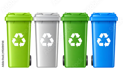 Four colorful recycling bins with recycling symbols on a transparent background