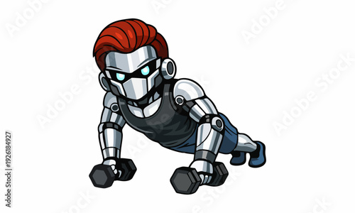 Robot performing push-up with dumbbells cartoon illustration