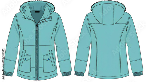 A teal-colored hooded jacket with fur-lined hood and ribbed cuffs on transparent background