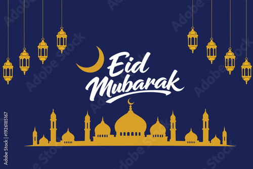 Elegant Eid Mubarak calligraphy in Arabic script, celebratory Islamic design with intricate patterns and crescent moon, gold and blue tones