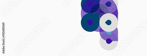 Abstract circles overlap, creating dynamic visual composition. Purple hues dominate white background. Modern design element.