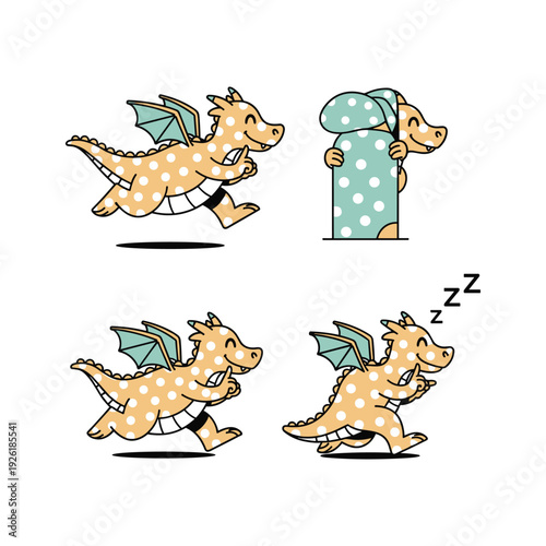 Cute cartoon dragon sleeping in bed with dreamy expression